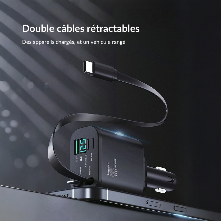 Chargeur voiture double port USB‑C PD 45 W + USB‑A QC 18–30 W