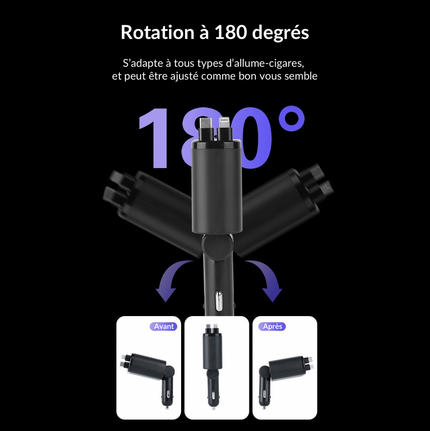 Chargeur voiture double port USB‑C PD 45 W + USB‑A QC 18–30 W