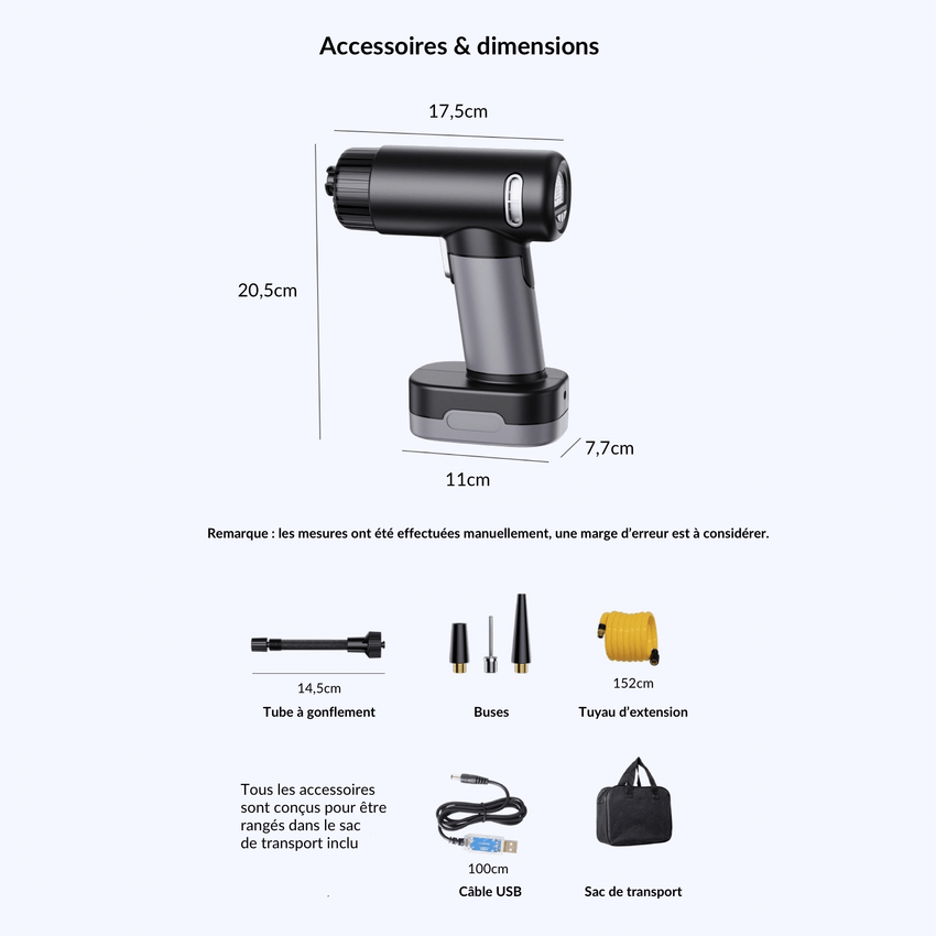 Gonfleur pneus ultra‑puissant 150 PSI (≈10,3 bars)