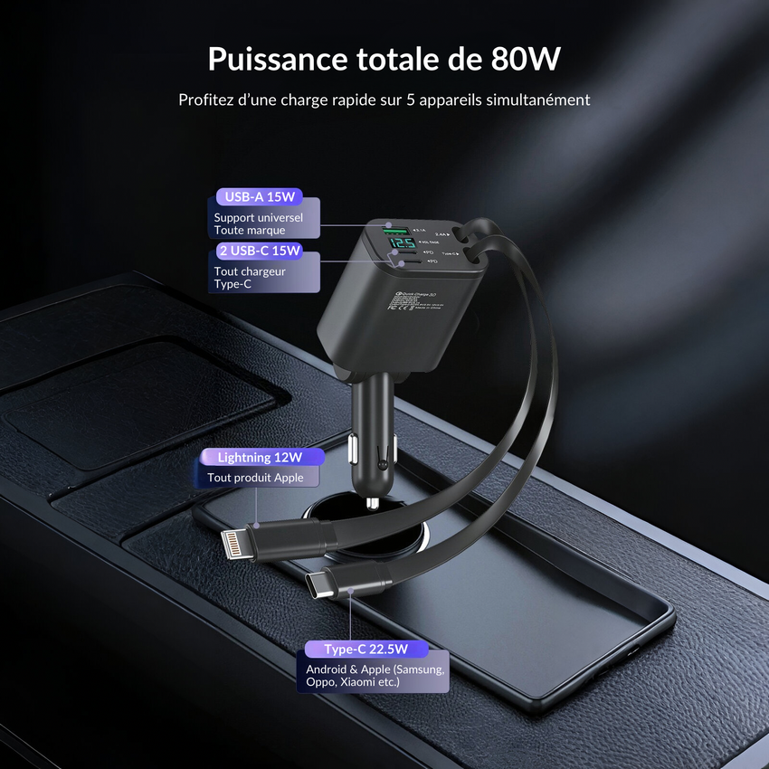 Chargeur voiture double port USB‑C PD 45 W + USB‑A QC 18–30 W