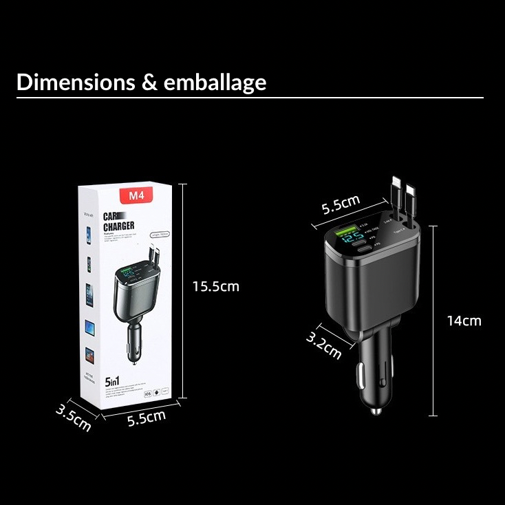 Chargeur voiture double port USB‑C PD 45 W + USB‑A QC 18–30 W